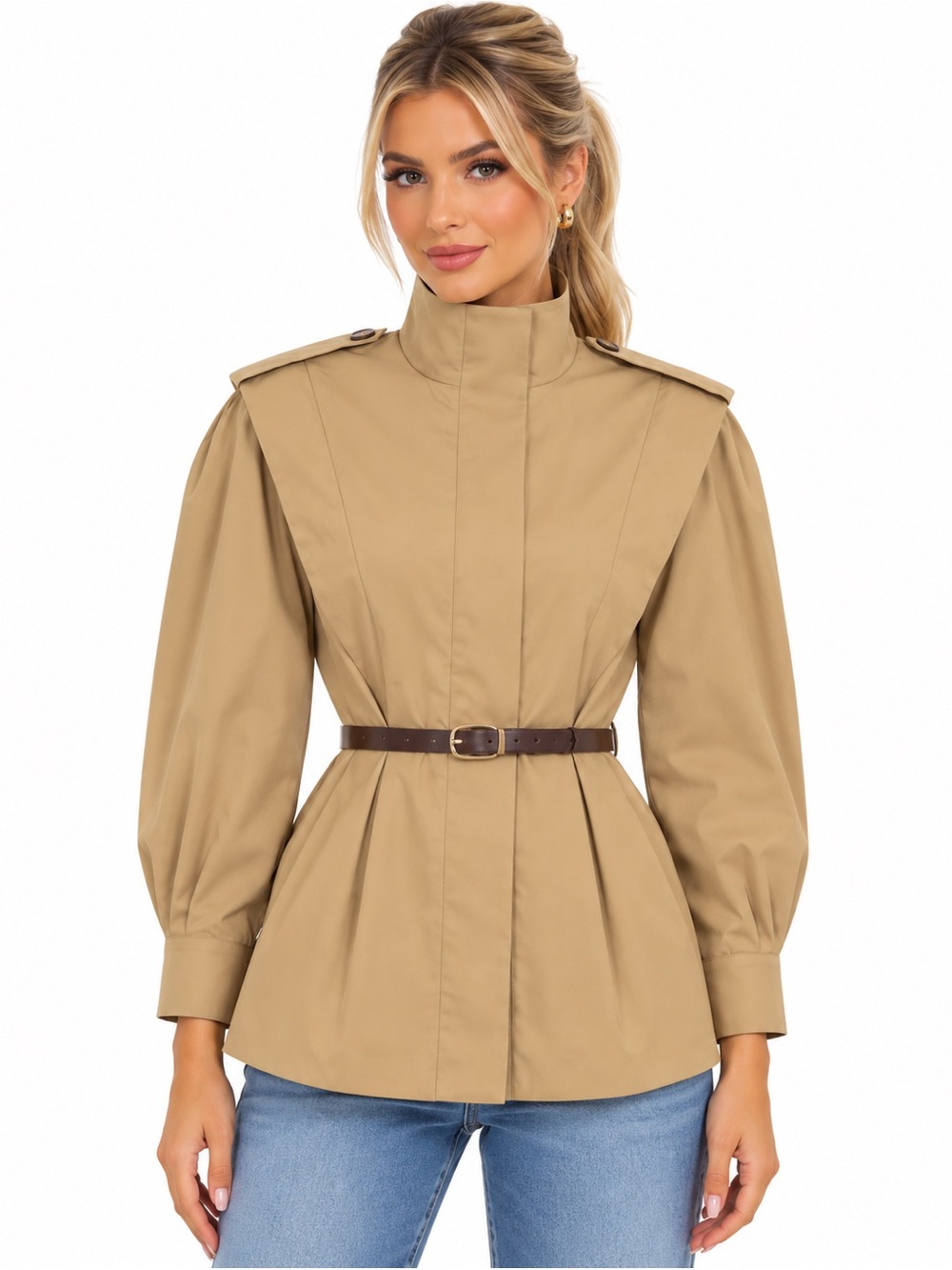 Women's Funnel Neck Trench Jacket with belt